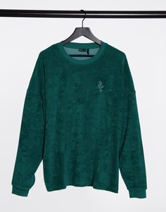 Зеленый oversized-лонгслив из махровой ткани с вышивкой на груди ASOS DESIGN