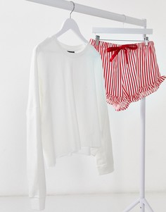 Бело-красная пижама со свободным свитером и шортами в полоску ASOS DESIGN-Многоцветный