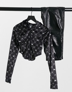 Черный худи в стиле 90-х на молнии с отделкой под корсет от комплекта Bershka х Hello Kitty