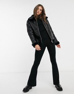 Черная двусторонняя куртка авиатор из искусственного меха с имитацией кожи New Look-Черный