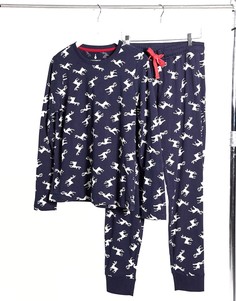 Темно-синий новогодний пижамный комплект с принтом оленей Threadbare
