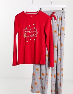 Пижамный комплект красного и серого цветов с рождественским принтом и надписью "Make a wish" Threadbare-Красный