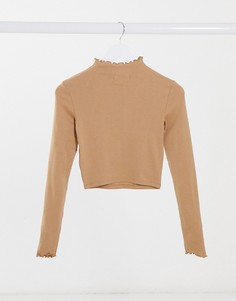Бежевый топ с длинными рукавами и фигурным краем Bershka