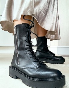Черные массивные байкерские ботинки на шнуровке и молнии Bershka-Черный