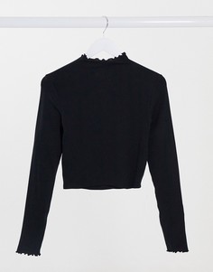 Черный топ с длинными рукавами и фигурным краем Bershka