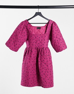 Стеганое платье мини свободного кроя с квадратным вырезом, пышными рукавами и узором в горошек ASOS DESIGN-Многоцветный
