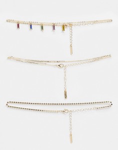 Комплект из 3 ожерелий-чокеров с золотистой цепочкой и радужными подвесками Topshop-Золотистый