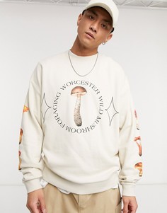 Oversized-свитшот с принтом в виде грибов по разным участкам поверхности ASOS DESIGN-Бежевый