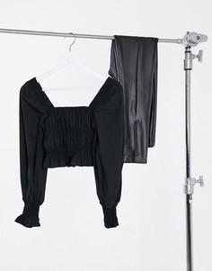Черная поплиновая блузка со сборками и квадратной горловиной Bershka-Черный