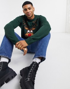 Зеленый рождественский джемпер с принтом оленя Only & Sons