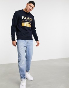 Темно-синий облегающий свитшот с большим золотистым логотипом BOSS Athleisure Salbo 1