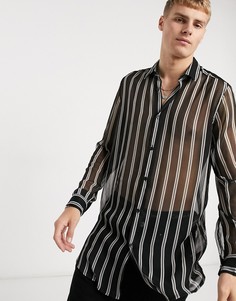 Удлиненная прозрачная рубашка классического кроя в полоску с ассиметричным низом ASOS DESIGN-Черный