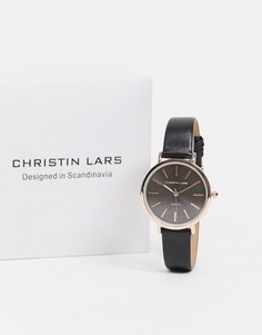 Часы с золотистым циферблатом и черным кожаным ремешком Christin Lars-Черный