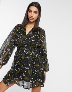 Темное шифоновое платье с короткой расклешенной юбкой и цветочным принтом Vero Moda-Многоцветный