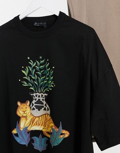 Черная oversized-футболка из плотного трикотажа с принтом тигра ASOS DESIGN-Черный