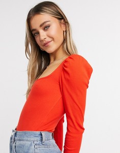 Красное боди с квадратным вырезом и объемными рукавами Miss Selfridge-Красный