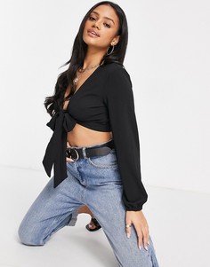 Черный кроп-топ с завязкой спереди Missguided