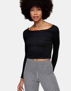 Черный топ с длинными рукавами и фигурным краем Topshop