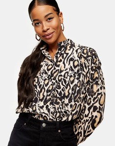 Блузка с пышными рукавами и звериным принтом Topshop-Черный