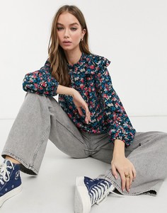 Блузка с высоким воротником, оборками на плечах и цветочным принтом New Look-Голубой