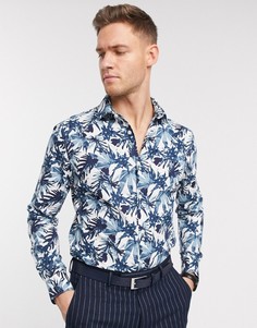 Темно-синяя приталенная рубашка с пальмовым принтом Moss London-Темно-синий