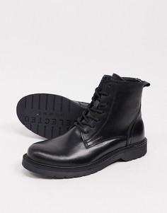 Черные кожаные ботинки на шнуровке Selected Homme-Черный