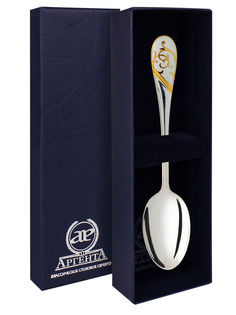 Ложка чайная Аргента"Кружевные узоры" с позолотой с белой эмалью + футляр