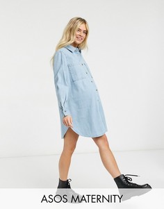 Синее джинсовое платье-рубашка в стиле оversized ASOS DESIGN Maternity-Голубой