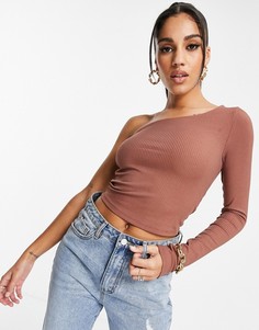 Шоколадно-коричневый лонгслив на одно плечо в рубчик ASOS DESIGN