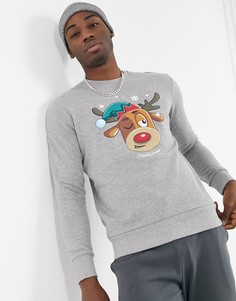 Серый новогодний свитшот с принтом оленя Jack & Jones Originals