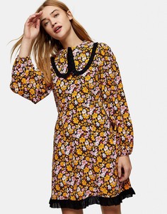 Платье мини с объемным воротником и цветочным принтом Topshop-Многоцветный