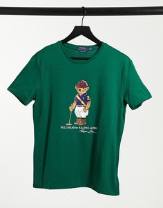Темно-зеленая футболка узкого кроя с фирменным медведем Polo Ralph Lauren-Зеленый