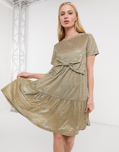 Платье с присборенной юбкой, бантом и удлиненным подолом Urban Threads-Золотистый