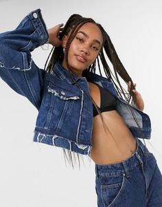 Укороченная джинсовая куртка синего цвета с объемными рукавами Pepe Jeans Rina-Голубой