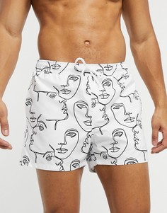 Короткие шорты для плавания с монохромным принтом в виде лиц ASOS DESIGN-Белый