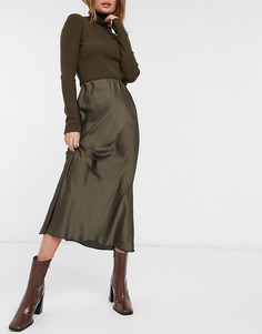 Атласная юбка миди цвета хаки косого кроя ASOS DESIGN-Зеленый