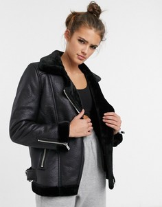 Черная удлиненная куртка авиатор с пряжкой Miss Selfridge-Черный