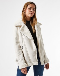 Удлиненная кремовая куртка авиатор из искусственной кожи Miss Selfridge-Кремовый