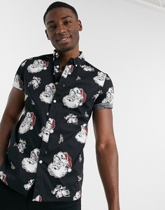 Эластичная зауженная рубашка из поплина с принтом Санты ASOS DESIGN-Темно-синий