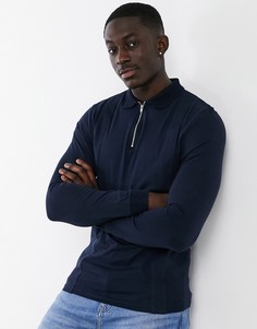 Темно-синяя рубашка-поло с длинными рукавами и воротником на молнии ASOS DESIGN-Голубой