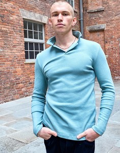 Синяя футболка-поло из вафельного трикотажа с длинными рукавами ASOS DESIGN-Голубой