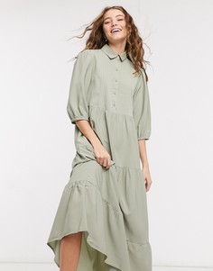 Свободное многоярусное платье-рубашка миди с защипами цвета хаки ASOS DESIGN-Зеленый