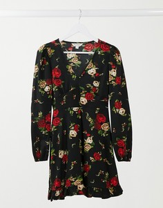Черное приталенное чайное платье с расклешенной юбкой и цветочным принтом Miss Selfridge-Черный