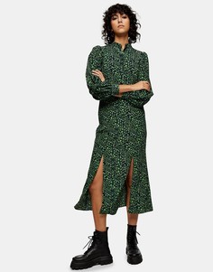 Зеленое платье миди с принтом павлина Topshop-Зеленый