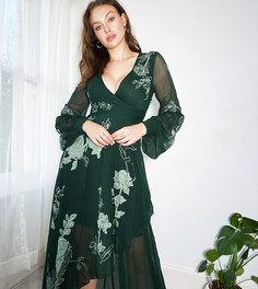Платье макси с запахом и цветочными атласными аппликациями зеленого цвета ASOS DESIGN Tall-Многоцветный
