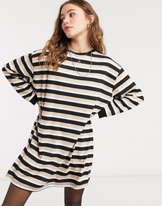 Бежевое платье-футболка в стиле oversized с длинными рукавами и узором в полоску ASOS DESIGN-Многоцветный