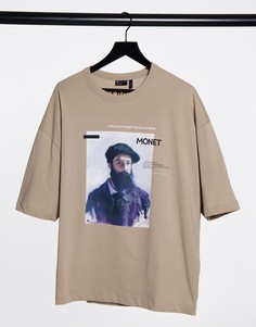 Бежевая oversized-футболка с принтом на груди и отделкой горловины ASOS DESIGN Claude Monet-Бежевый