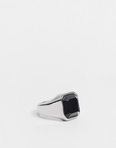 Серебристое кольцо-печатка с черным квадратным камнем DesignB-Серебристый