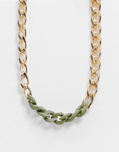 Массивное золотистое ожерелье со вставкой цвета матового хаки DesignB-Многоцветный
