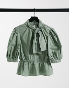 Шалфейно-зеленая блузка из хлопка и поплина с бантом на шее Influence-Зеленый